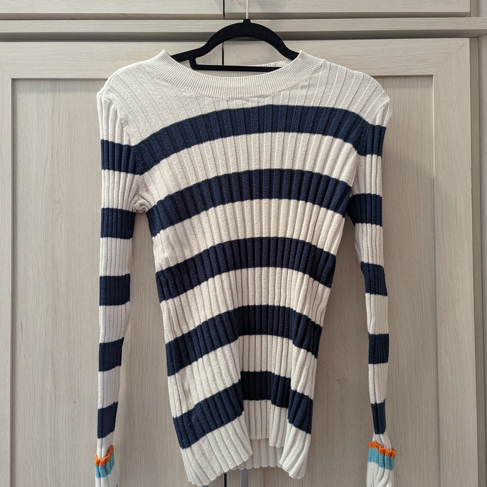 Striped Ribbed Knit Sweater - Navy and White